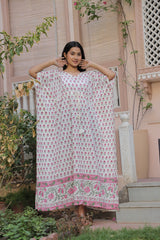 WHITE & PINK FLORAL BLOCK PRINT KAFTAN