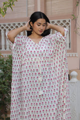 WHITE & PINK FLORAL BLOCK PRINT KAFTAN