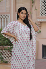 WHITE & PINK FLORAL BLOCK PRINT KAFTAN