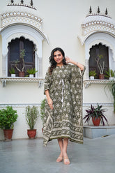 OLIVE GREEN HANDBLOCK PRINTED COTTON KAFTAN