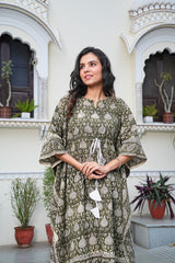 OLIVE GREEN HANDBLOCK PRINTED COTTON KAFTAN