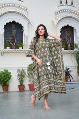 OLIVE GREEN HANDBLOCK PRINTED COTTON KAFTAN