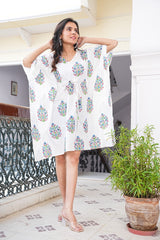 BLUE ABSTRACT BLOCK PRINT KAFTAN DRESS