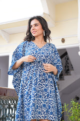 BLUE ABSTRACT BLOCK PRINT KAFTAN DRESS