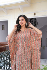 RUST & BEIGE ETHNIC PRINT KAFTAN DRESS