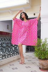 FUCHSIA PINK HAND BLOCK PRINTED KAFTAN DRESS