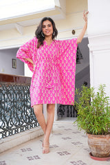FUCHSIA PINK HAND BLOCK PRINTED KAFTAN DRESS