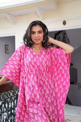 FUCHSIA PINK HAND BLOCK PRINTED KAFTAN DRESS