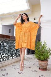 BRIGHT MUSTARD HAND BLOCK PRINTED KAFTAN DRESS