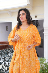 BRIGHT MUSTARD HAND BLOCK PRINTED KAFTAN DRESS
