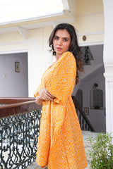 BRIGHT MUSTARD HAND BLOCK PRINTED KAFTAN DRESS