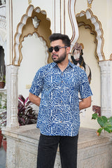 MEN’S INDIGO LEAF PRINT COTTON SHIRT