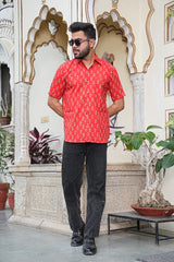MEN’S RED FLORAL BLOCK PRINT COTTON SHIRT