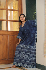 INDIGO HANDBLOCK PRINTED COTTON KAFTAN
