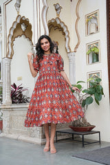 RED BLOCK PRINTED FLARED DRESS