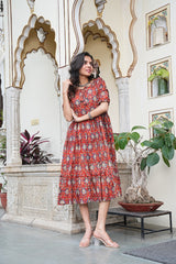 RED BLOCK PRINTED FLARED DRESS