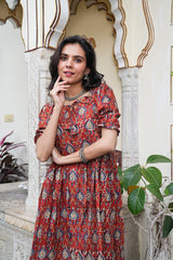 RED BLOCK PRINTED FLARED DRESS
