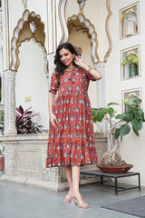 RED BLOCK PRINTED FLARED DRESS