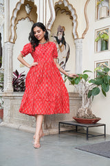 RED BLOSSOM FLARED DRESS