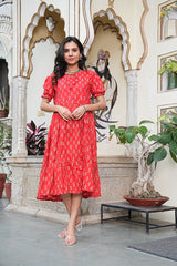 RED BLOSSOM FLARED DRESS