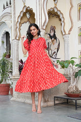 RED BLOSSOM FLARED DRESS