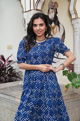 INDIGO BLUE POLKA FLARED DRESS