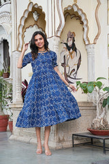 INDIGO BLUE POLKA FLARED DRESS