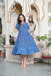 INDIGO BLUE GEOMETRIC FLARED DRESS