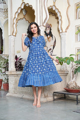 INDIGO BLUE GEOMETRIC FLARED DRESS