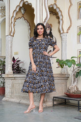 BLACK MIDNIGHT BLOSSOM FLARED DRESS