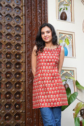RUST RED HAND BLOCK COTTON SHORT KURTI