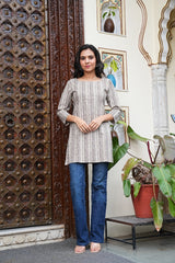 HANDCRAFTED BEIGE & BROWN HAND PRINT SHORT KURTI SHORT KURTI