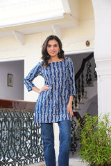 INDIGO BLUE HAND BLOCK PRINTED COTTON SHORT KURTI