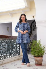 INDIGO BLUE HAND BLOCK PRINTED COTTON SHORT KURTI