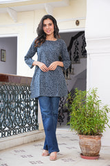 CHARCOAL GREY HAND BLOCK PRINTED COTTON SHORT KURTI