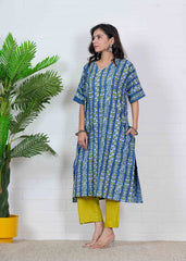 NEEL PUSHP – INDIGO BLOOM HAND BLOCK KURTI SET