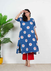 INDIGO PHOOL — RED BLOOM HAND BLOCK KURTI SET