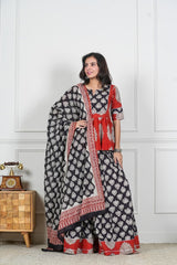 RED BLACK BAGRU HANDBLOCK PRINTED LEHENGA SET