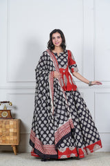 RED BLACK BAGRU HANDBLOCK PRINTED LEHENGA SET