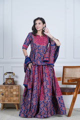 BLUE MAROON HANDBLOCKL PRINTED LEHENGA SET INDIGO