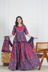 BLUE MAROON HANDBLOCKL PRINTED LEHENGA SET INDIGO