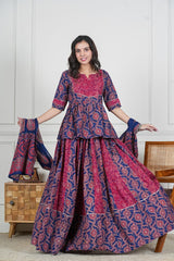BLUE MAROON HANDBLOCKL PRINTED LEHENGA SET INDIGO