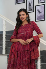 KUMUDINI – DEEP MAROON HANDBLOCK LEHENGA SET