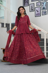 KUMUDINI – DEEP MAROON HANDBLOCK LEHENGA SET