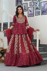DEEP MAROON - RUST RED & BEIGE HANDBLOCK LEHENGA SET