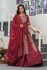 DEEP MAROON - RUST RED & BEIGE HANDBLOCK LEHENGA SET