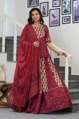 DEEP MAROON - RUST RED & BEIGE HANDBLOCK LEHENGA SET