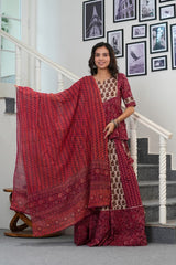 DEEP MAROON - RUST RED & BEIGE HANDBLOCK LEHENGA SET