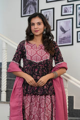 GULNAR - ROSE PINK & BLACK HANDBLOCK PRINTED LEHENGA SET