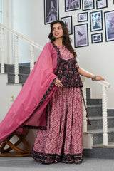 GULNAR - ROSE PINK & BLACK HANDBLOCK PRINTED LEHENGA SET